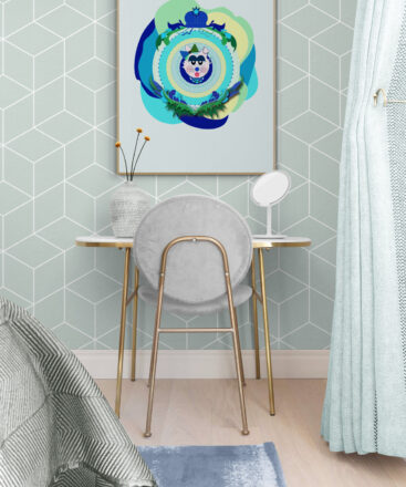 Blue Supersister poster in girls bedroom with vanity