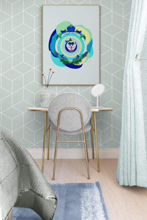 Blue Supersister poster in girls bedroom with vanity