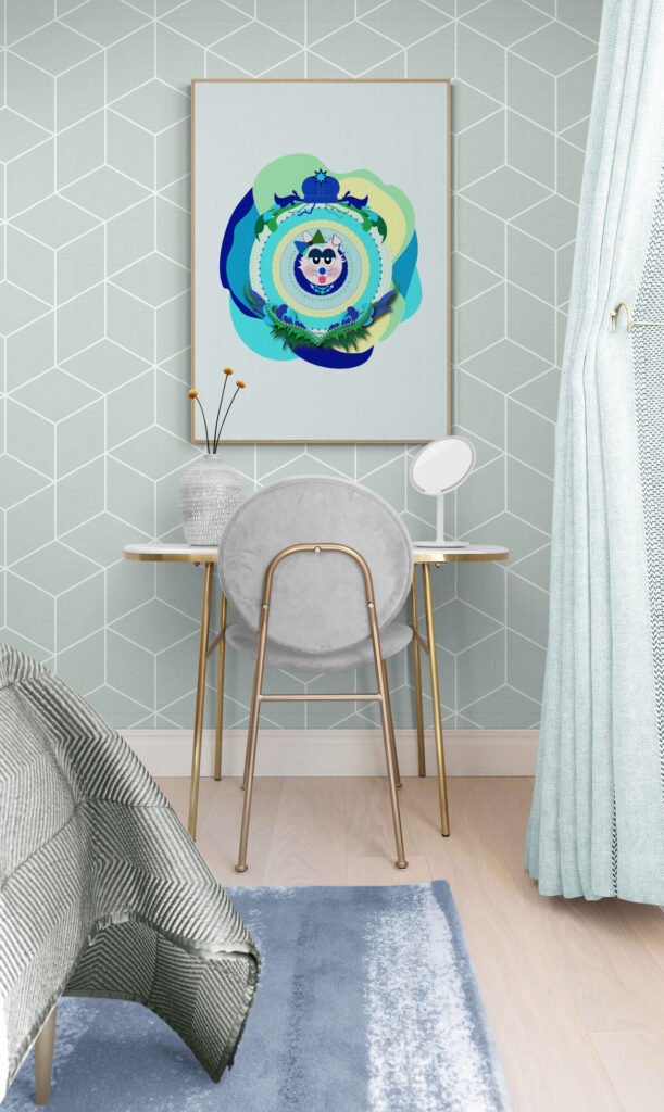 Blue Supersister poster in girls bedroom with vanity
