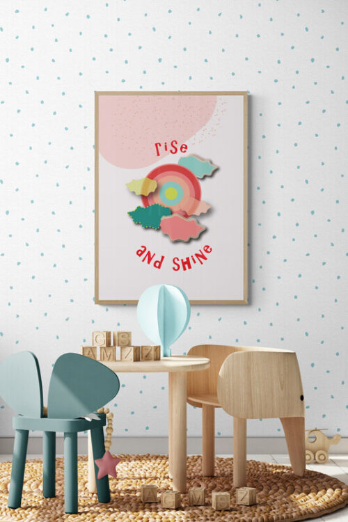 rise and shine framed poster in Kids_playroom_with_wooden_toys_and_furniture