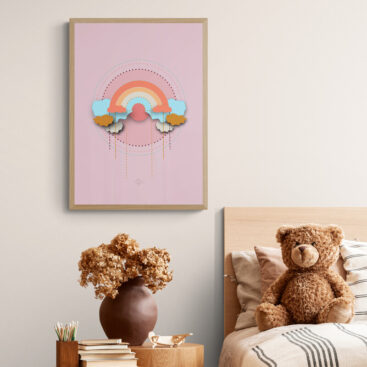 Pink rainbow framed poster in a cute kids bedroom