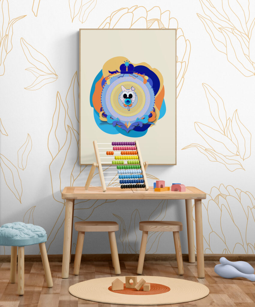 Yellow Superbaby Cat, a wide-eyed kitten with a big, cuddly soother in its mouth. The poster brightens up a fun playroom filled with colorful toys, a table with chairs, and a vibrant abacus, making it the perfect addition to any little hero's playtime environment.