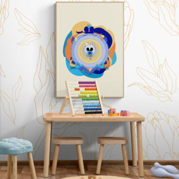 Yellow Superbaby Cat, a wide-eyed kitten with a big, cuddly soother in its mouth. The poster brightens up a fun playroom filled with colorful toys, a table with chairs, and a vibrant abacus, making it the perfect addition to any little hero's playtime environment.