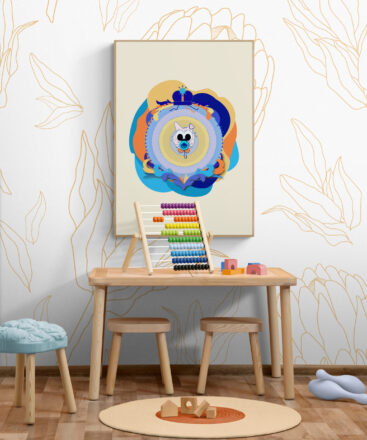 Yellow Superbaby Cat, a wide-eyed kitten with a big, cuddly soother in its mouth. The poster brightens up a fun playroom filled with colorful toys, a table with chairs, and a vibrant abacus, making it the perfect addition to any little hero's playtime environment.