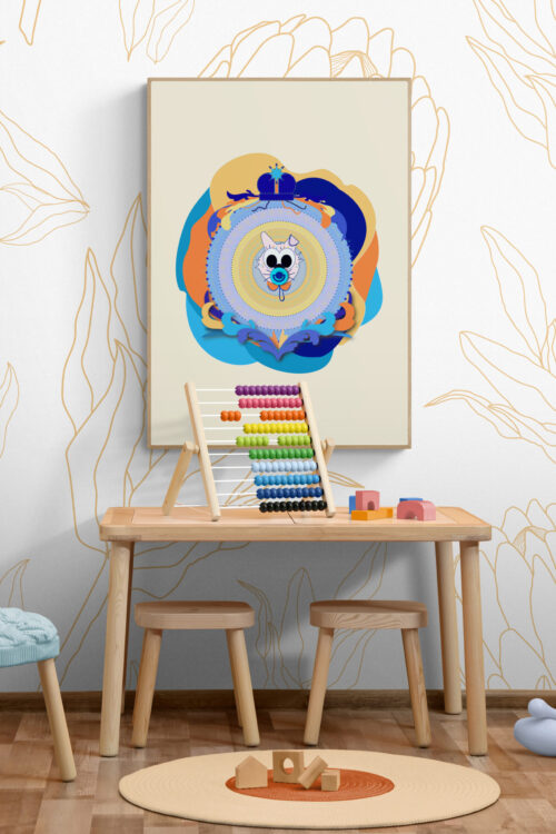Yellow Superbaby Cat, a wide-eyed kitten with a big, cuddly soother in its mouth. The poster brightens up a fun playroom filled with colorful toys, a table with chairs, and a vibrant abacus, making it the perfect addition to any little hero's playtime environment.