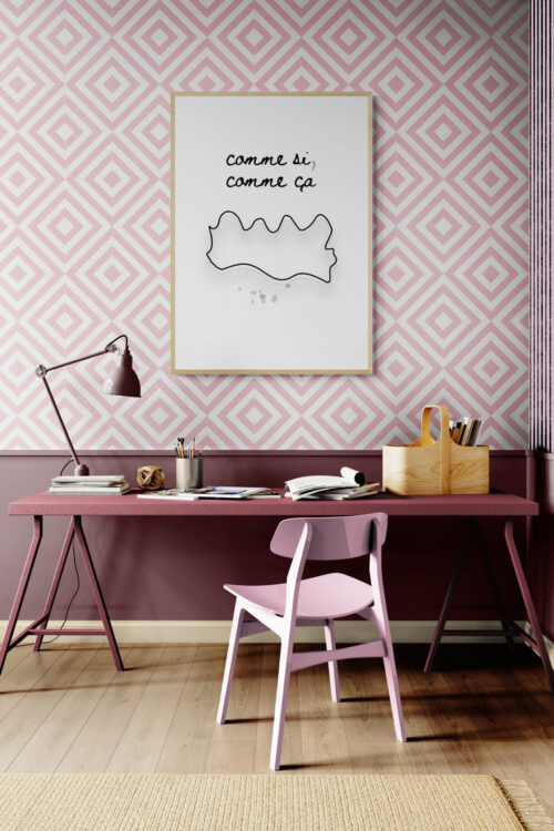 comme ci comme ca poster in artists-studio-with-a-large-work-bench