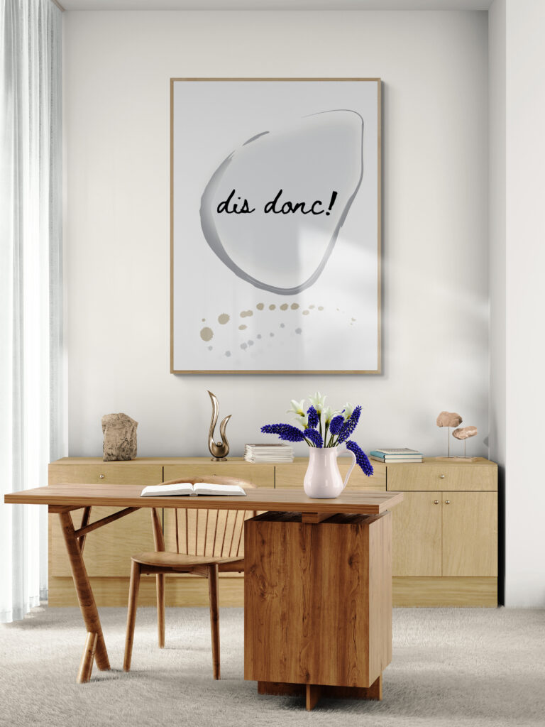 dis donc framed poster in home-office-with-a-long-wooden-cabinet