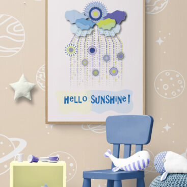 hello sunshine blue clouds poster in kids playroom