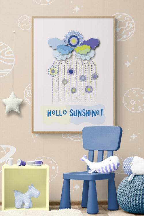 hello sunshine blue clouds poster in kids playroom