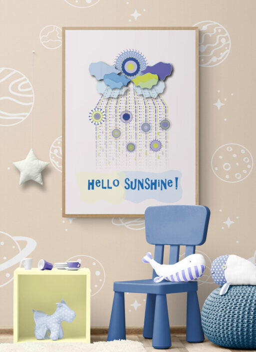 hello sunshine blue clouds poster in kids playroom
