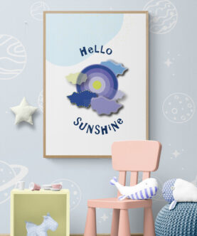 hello sunshine blue sun poster in kids playroom