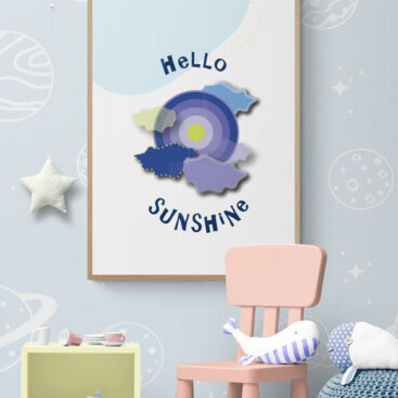 hello sunshine blue sun poster in kids playroom