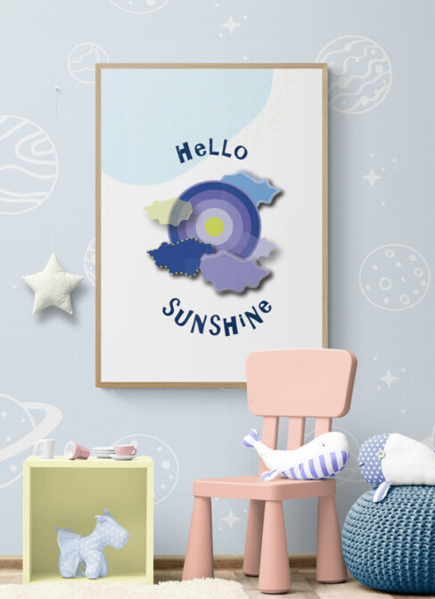 hello sunshine blue sun poster in kids playroom