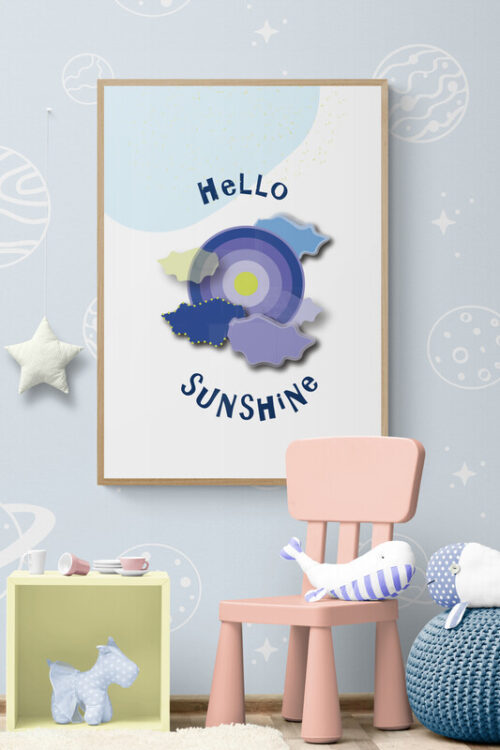 hello sunshine blue sun poster in kids playroom