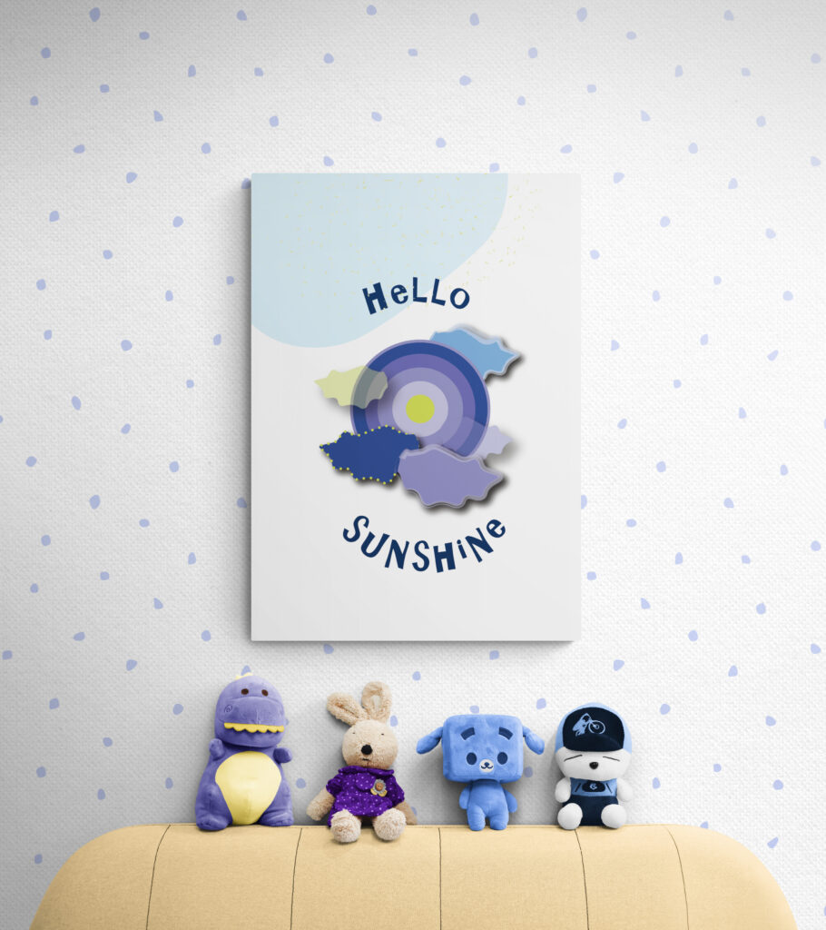 hello sunshine blue sun poster with collection-of-soft-toy-animals-on-sofa