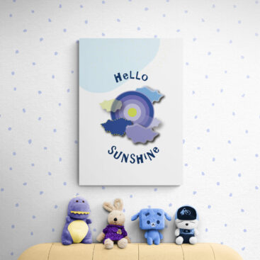 hello sunshine blue sun poster with collection-of-soft-toy-animals-on-sofa