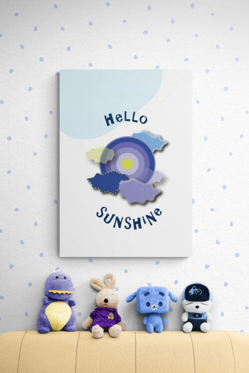 hello sunshine blue sun poster with collection-of-soft-toy-animals-on-sofa
