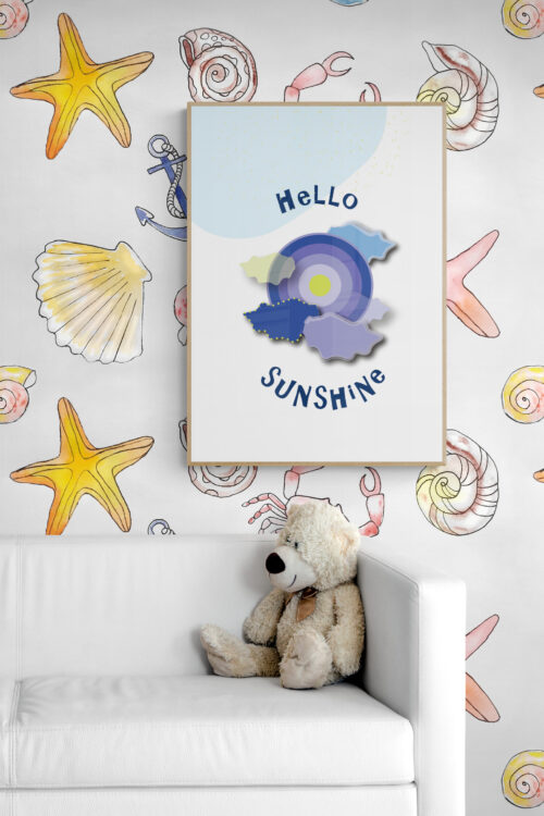hello sunshine blue sun poster with teddy bear