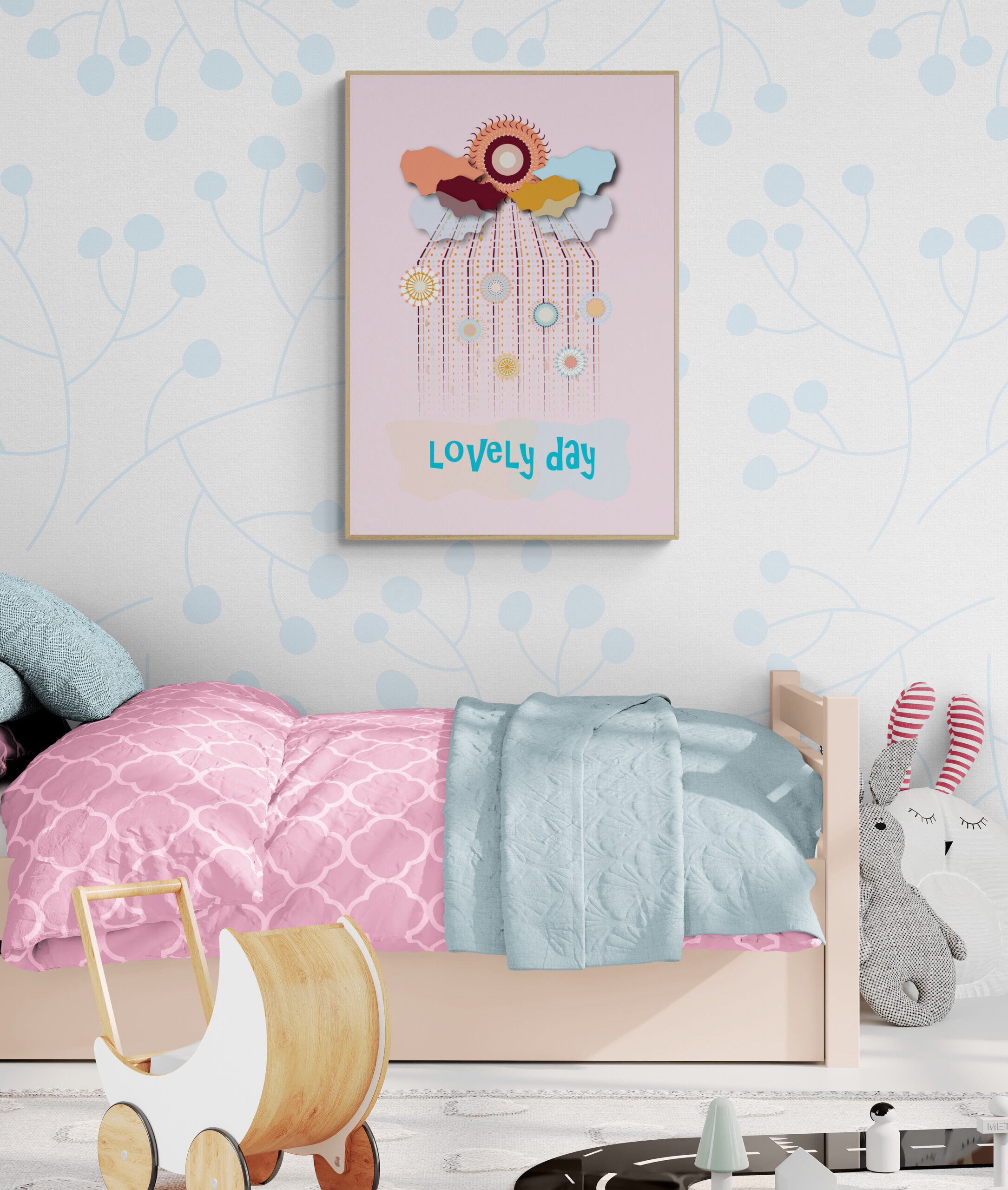 pink cloud sky talks wall art in kids-bedroom-with-doll-pram-and-toys