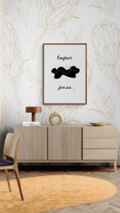 toujour jamais poster in iving-room-with-modern-wooden-cabinet