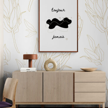 toujour jamais poster in iving-room-with-modern-wooden-cabinet