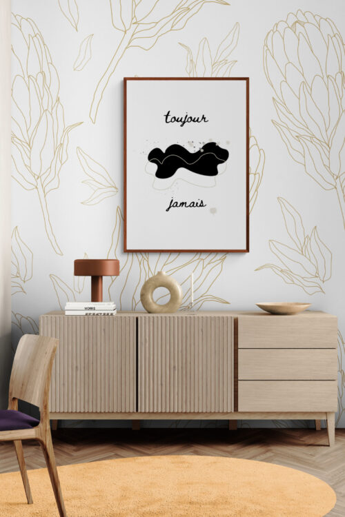 toujour jamais poster in iving-room-with-modern-wooden-cabinet