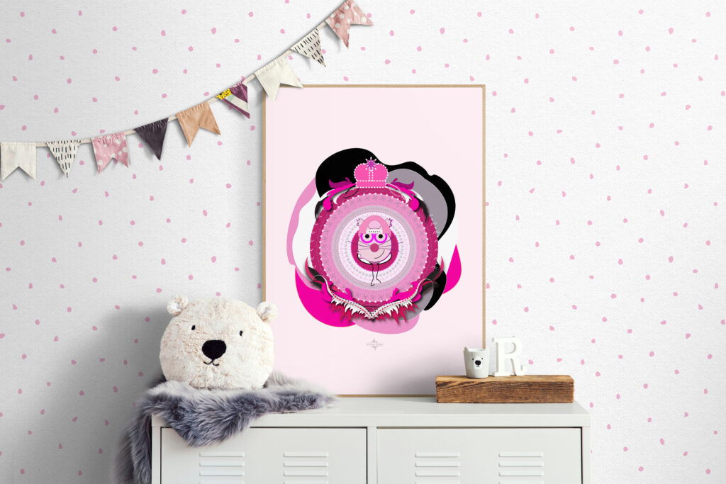 Superbrother Cat Framed Poster. A magenta, black, and gray cartoon cat wearing a hoodie and cape. Kids' superhero poster featuring Superbrother Cat in a kid's bedroom on the shelf next to a teddy bear.