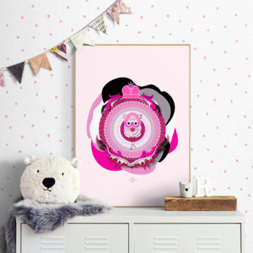 Superbrother Cat Framed Poster. A magenta, black, and gray cartoon cat wearing a hoodie and cape. Kids' superhero poster featuring Superbrother Cat in a kid's bedroom on the shelf next to a teddy bear.