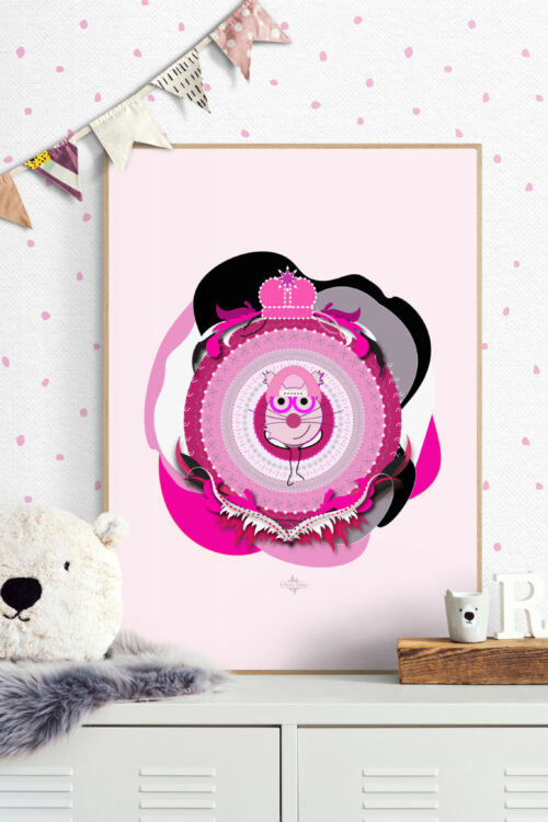 Superbrother Cat Framed Poster. A magenta, black, and gray cartoon cat wearing a hoodie and cape. Kids' superhero poster featuring Superbrother Cat in a kid's bedroom on the shelf next to a teddy bear.