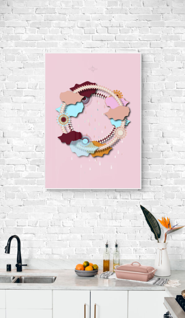 pink sky hoop poster in the kitchen