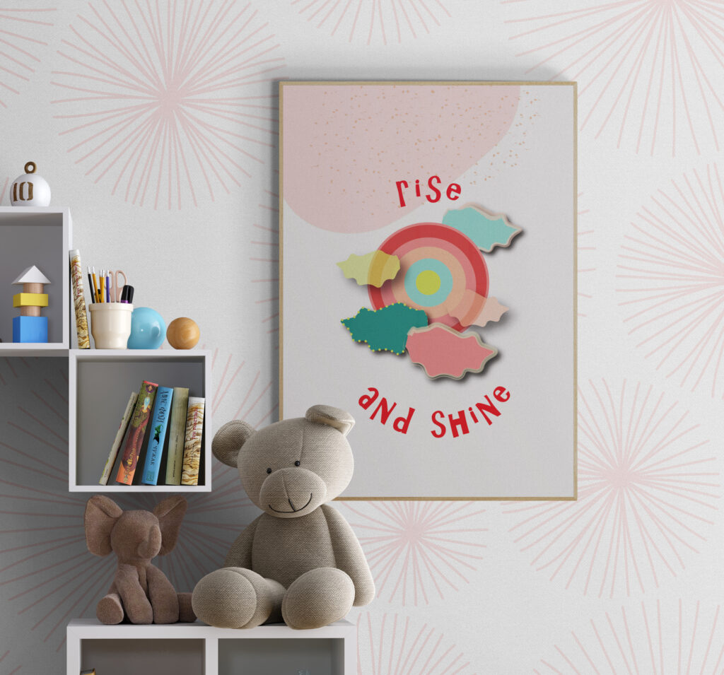 rise and shine poster with teddy in kids room