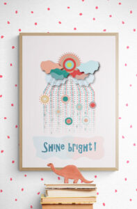 shine bright red clouds poster in kids room with dinosaur toy