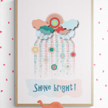 shine bright red clouds poster in kids room with dinosaur toy