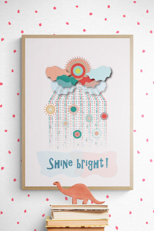 shine bright red clouds poster in kids room with dinosaur toy