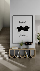 Toujour Jamais framed poster in contemporary-interior-with-fancy-cabinet