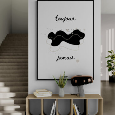 Toujour Jamais framed poster in contemporary-interior-with-fancy-cabinet