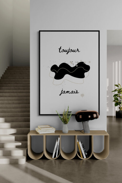 Toujour Jamais framed poster in contemporary-interior-with-fancy-cabinet
