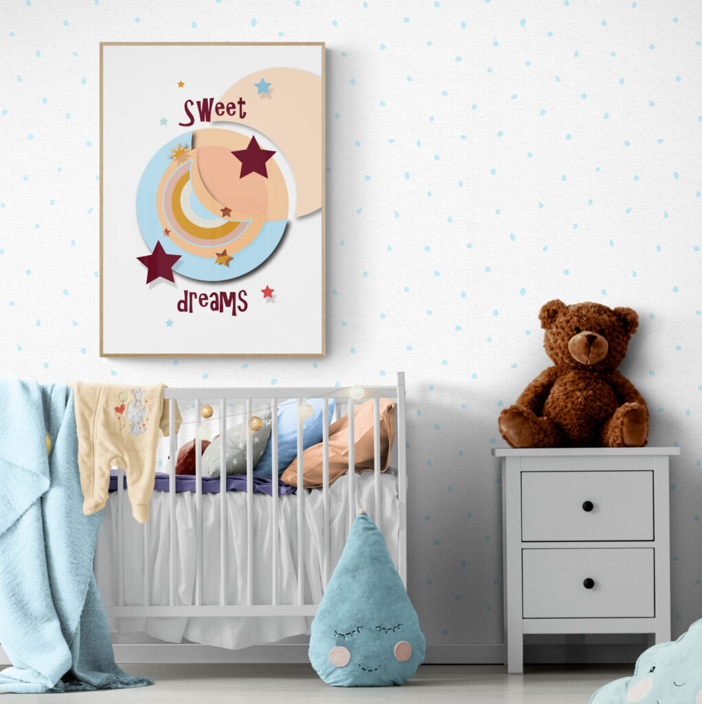 white nursery with teddy and rise and shine poster