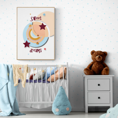 white nursery with teddy and sleep tight poster