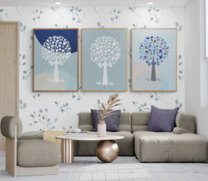 blue medley trees gallery wall in living-room-with-unique-coffee-table