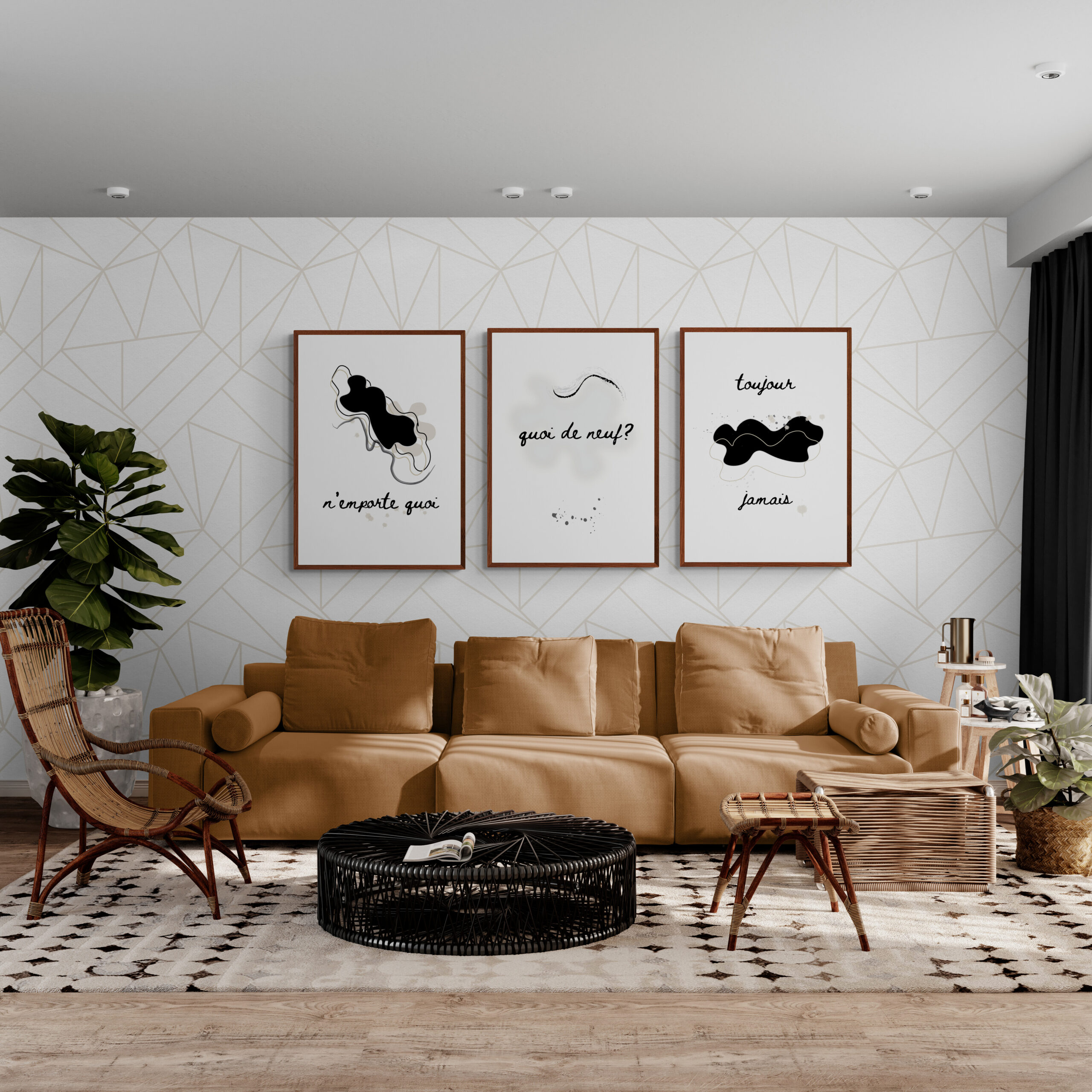 french collection posters in a cosy brown living room