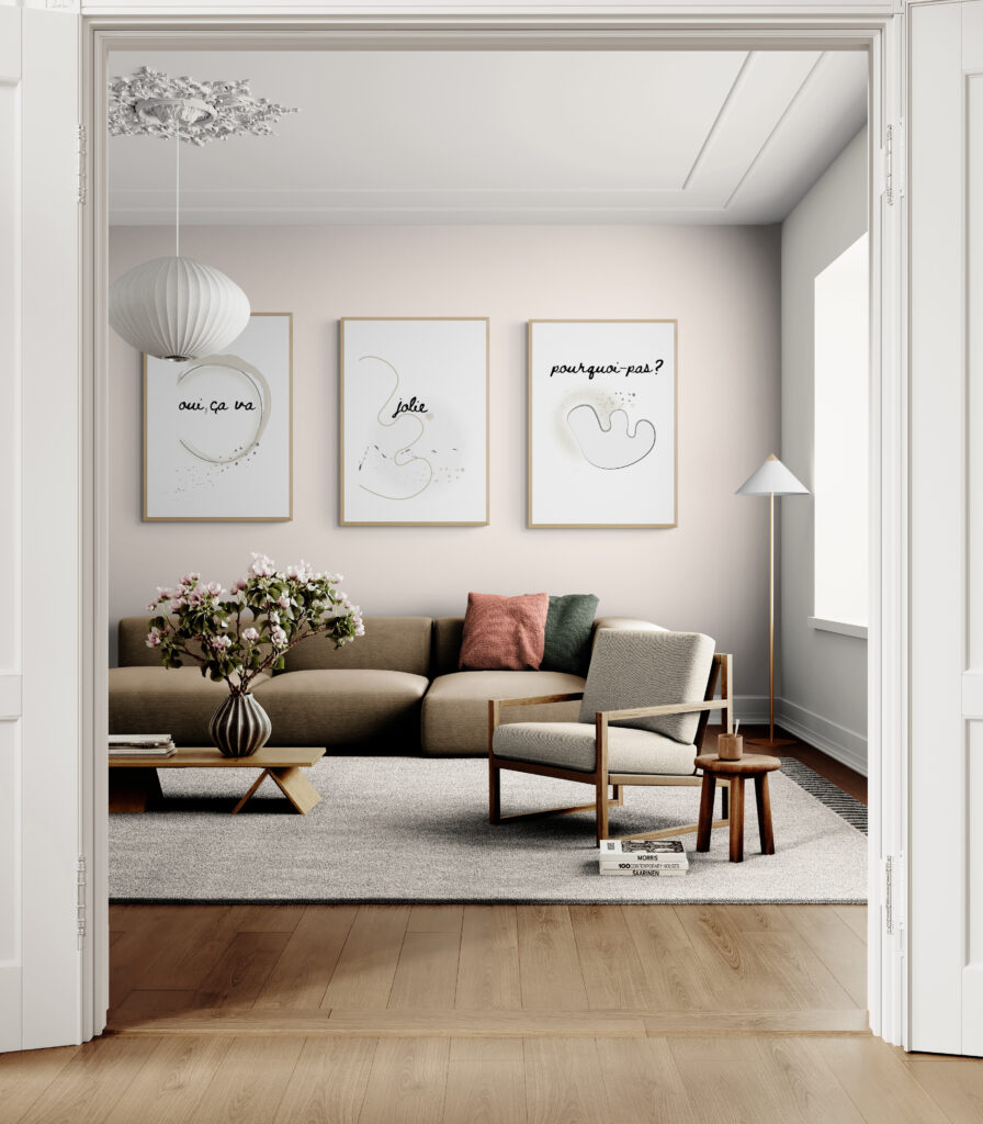 french wall art gallery in classic-living-room-with-a-large-sofa