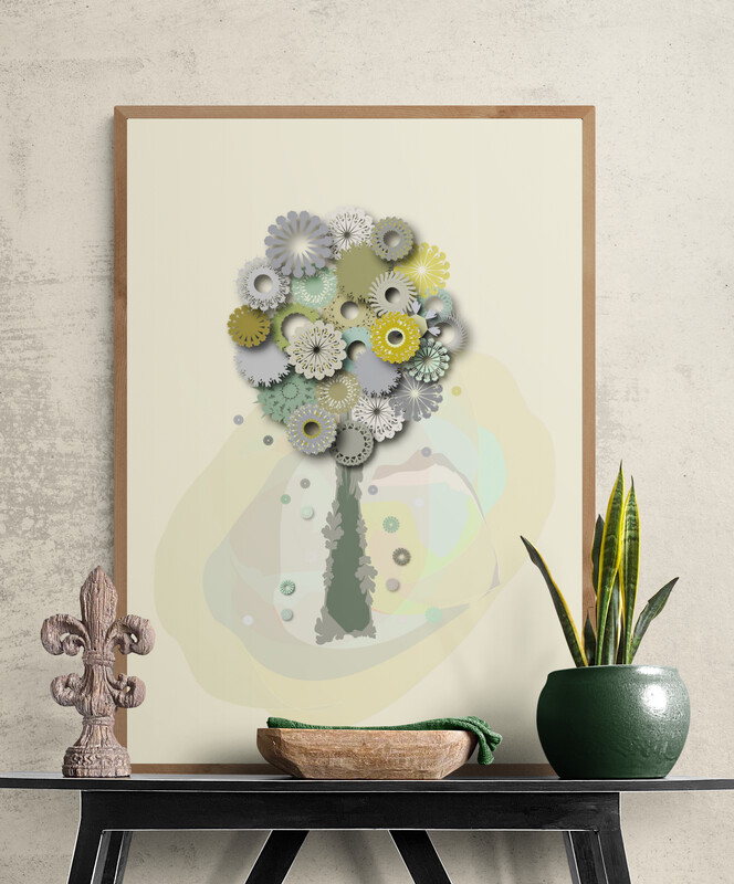 green blessing tree framed poster in a hallway decoration