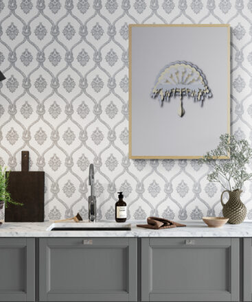 grey ornamental framed poster in kitchen-bench-with-spotlight