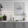 grey ornamental framed poster in kitchen-bench-with-spotlight