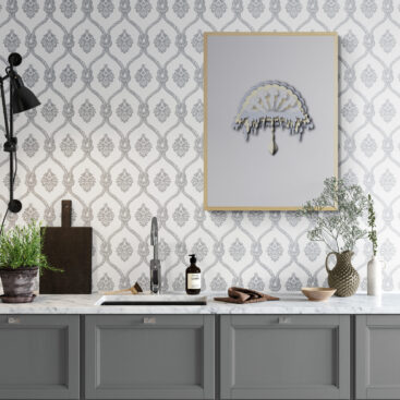 grey ornamental framed poster in kitchen-bench-with-spotlight
