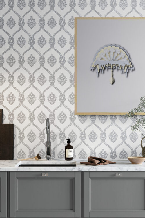 grey ornamental framed poster in kitchen-bench-with-spotlight