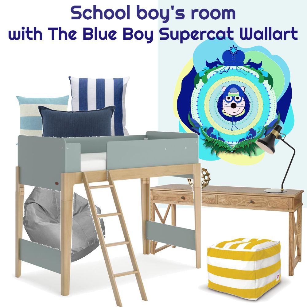 school boy room moodboard with blue boy supercat wall art