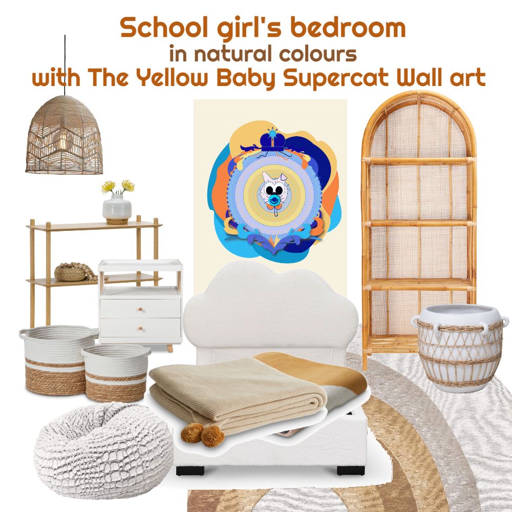 school girl room with yellow supercat wall art moodboard infromation