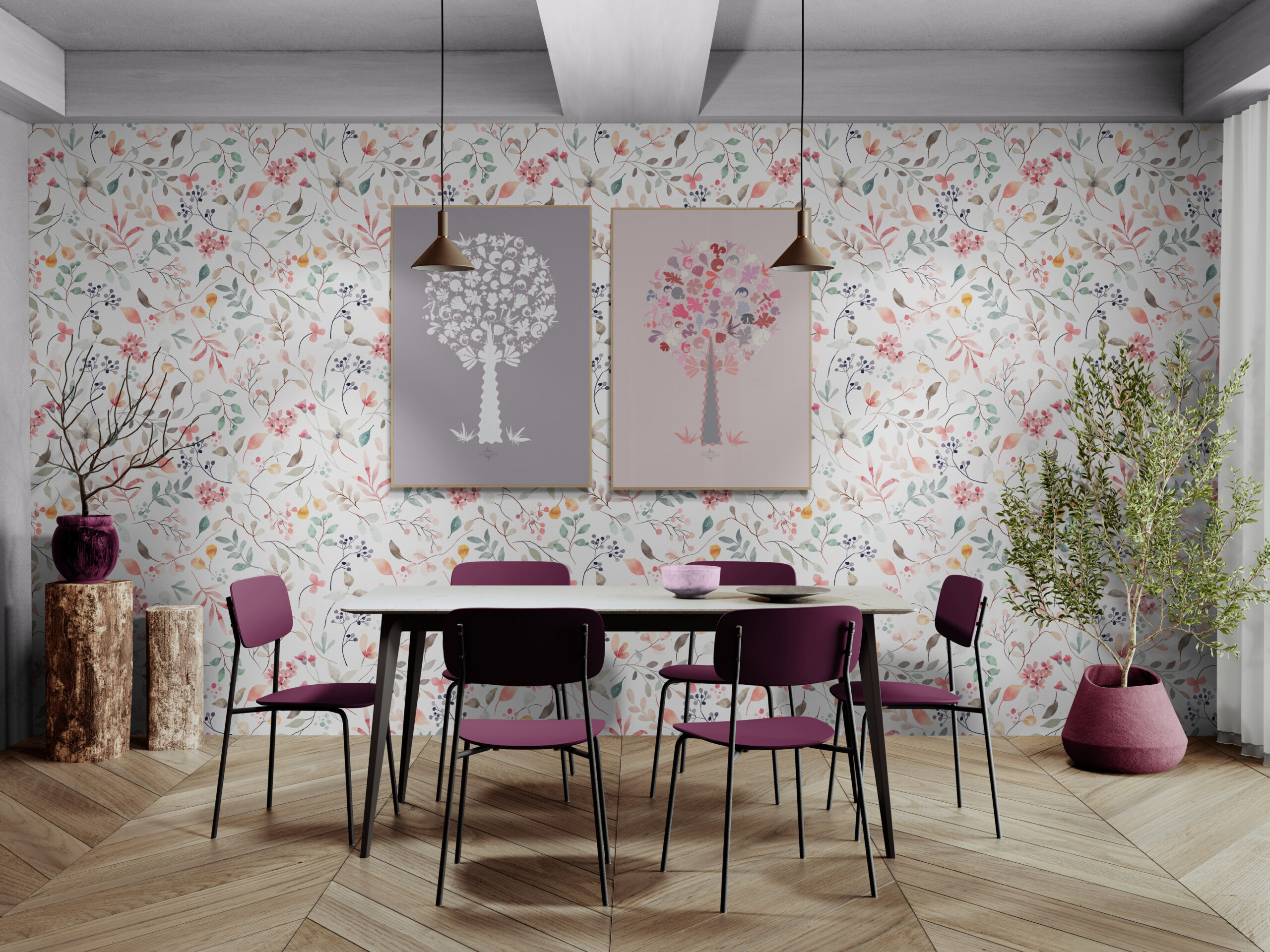 pink trees wal art in dining-room-with-a-large-shrub